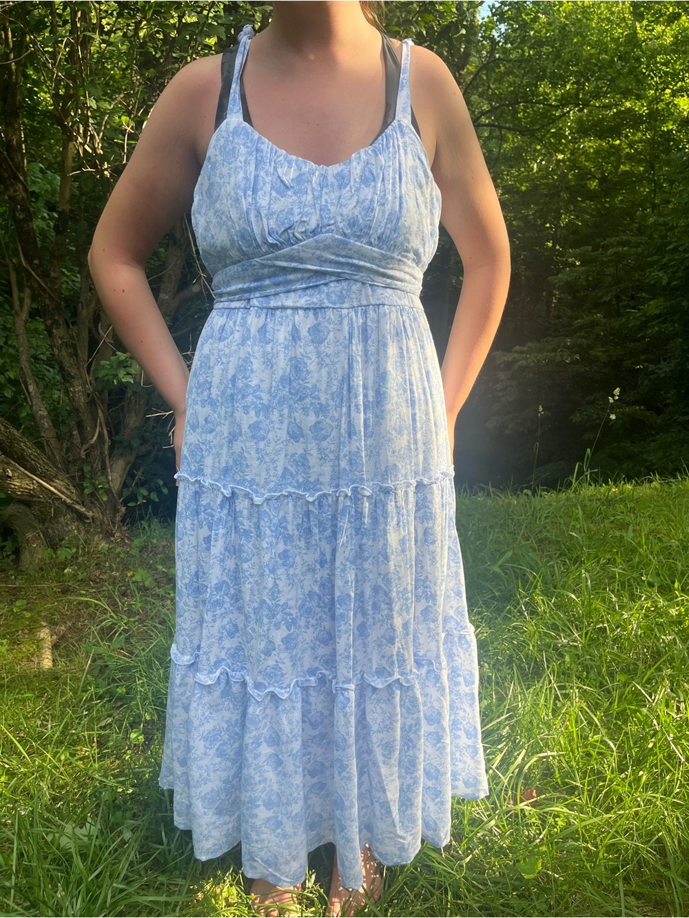Francesca's Collections Pale Blue Floral Tiered Midi Dress